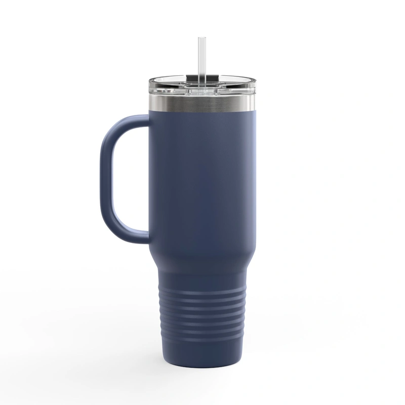 Navy insulated bottle with carry handle and straw lid