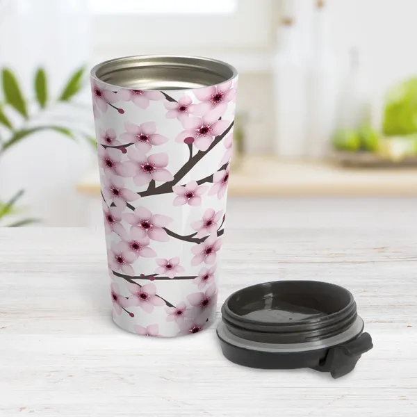 Cherry-blossom printed tumbler on a kitchen counter