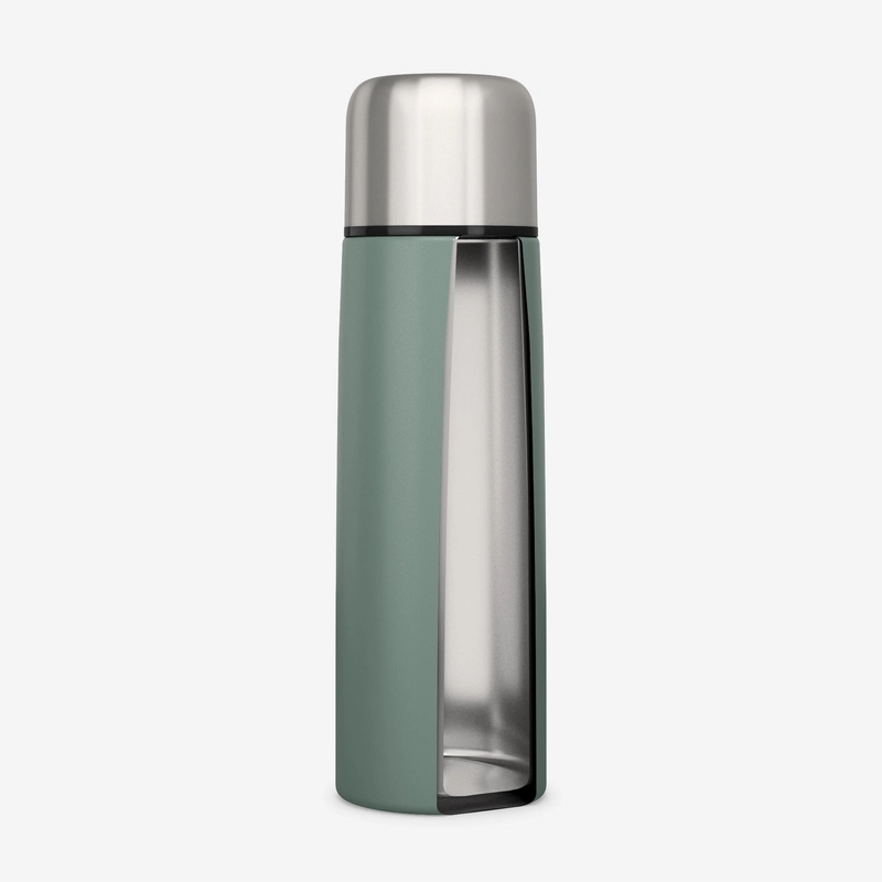 Sage-green insulated flask with a cutaway showing the vacuum wall